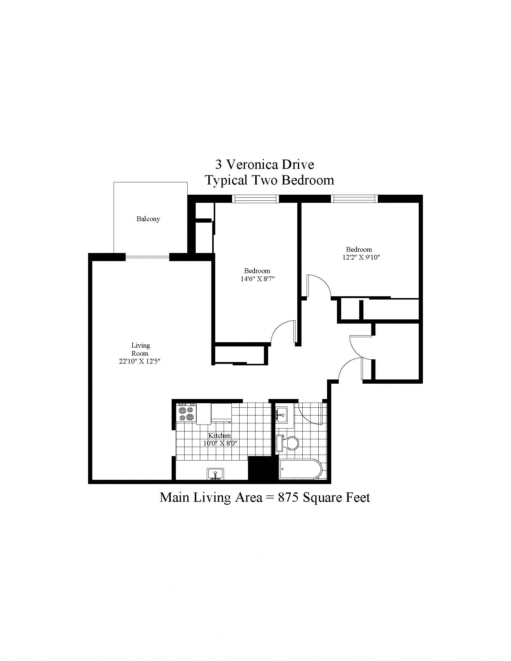 Floor plan for 2 beds, 1 bath, 875 sqft